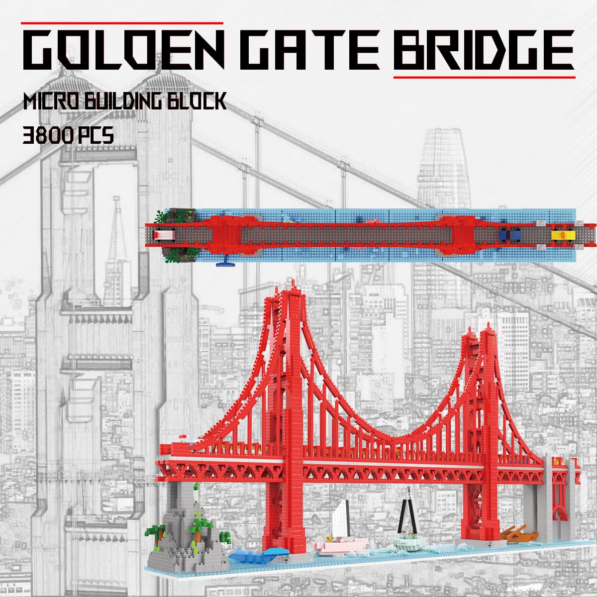 HONLANCH Micro Building Blocks Set - Golden Gate Bridge, 3800 Pieces, Plastic, One Size, Model JM20804, Landmark Architecture Gift