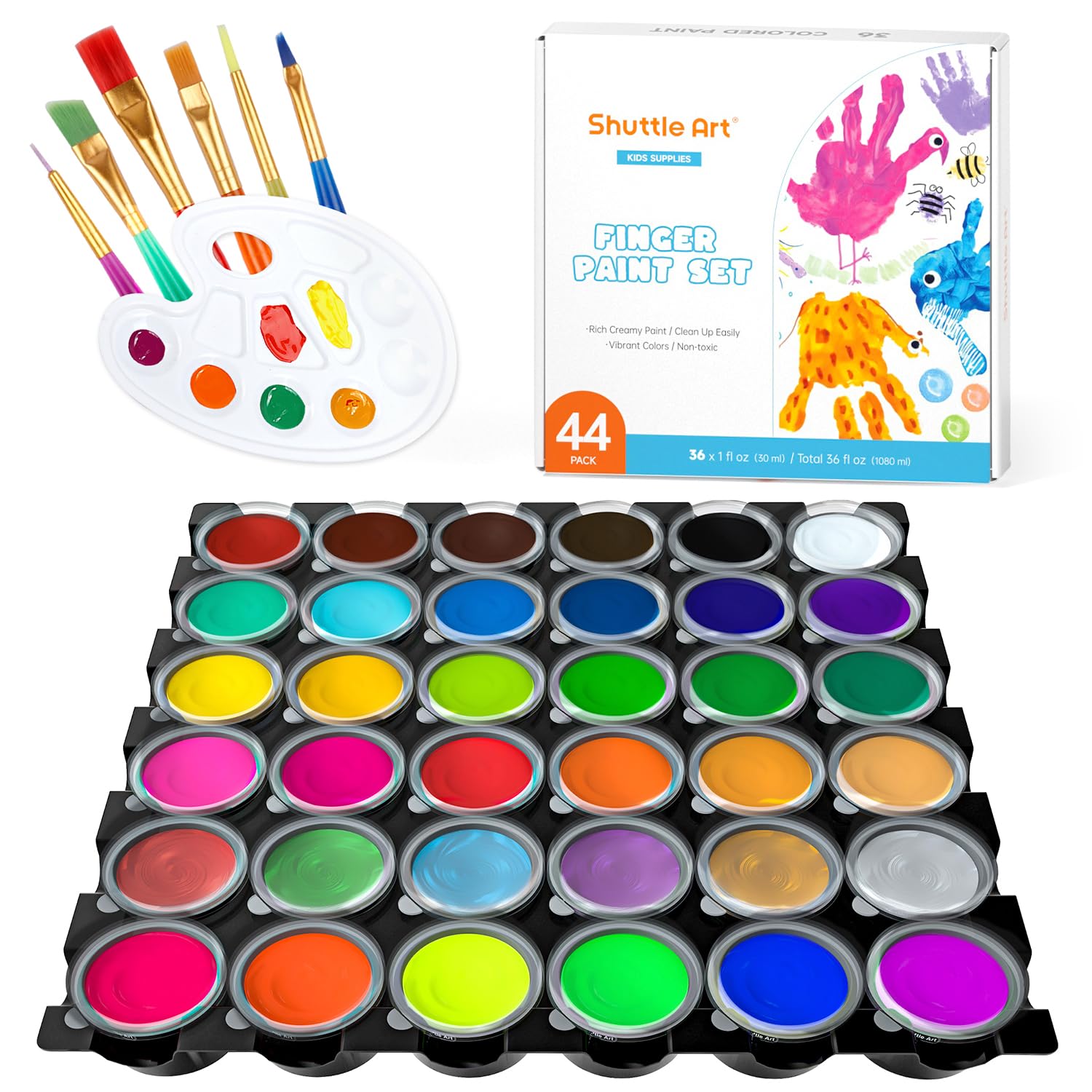 Shuttle Art Washable Finger Paint, 44 Pack Kids Paint Set with 36 Colors Toddler Paints(30ml, 1oz) for Toddlers, Paint Brushes, 