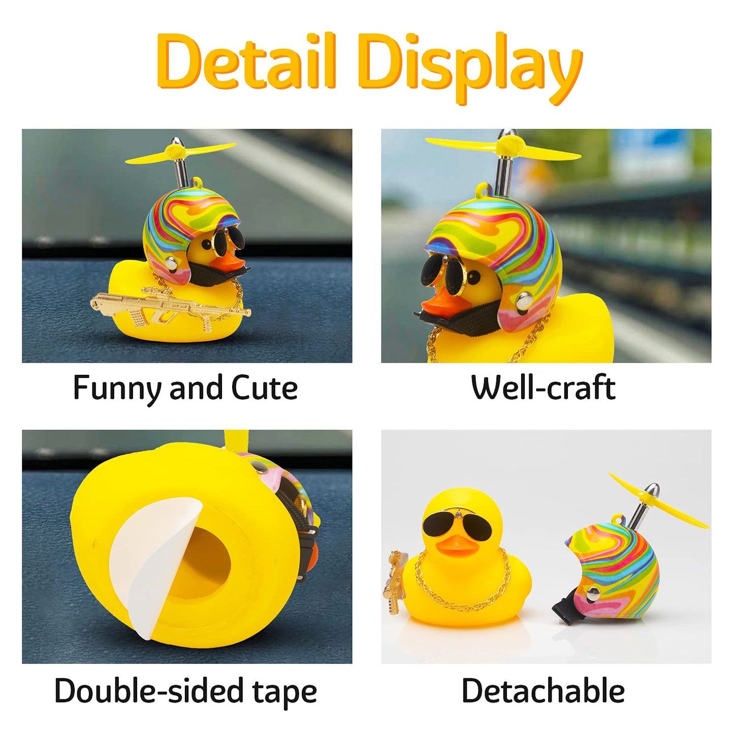 wonuu Rubber Duck Car Ornaments Cool Yellow Duck Car Dashboard Decorations Squeaky Glasses Duck with Propeller Helmet for Car ccessories Dashboard (Rainbow-Yellow G)