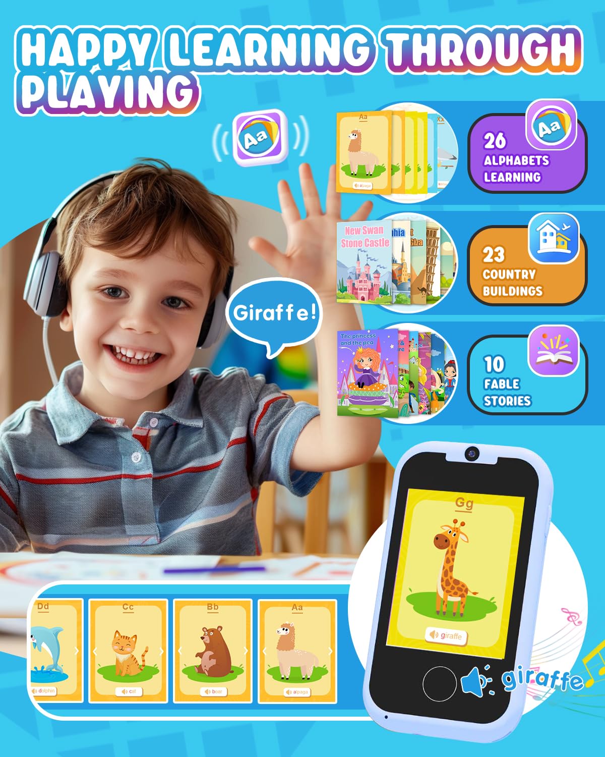 Eltrynic Kids Smart Toy Phone Girls Toy, Toddler Touchscreen Game Phone For 3 4 5 6 7 Year Old Girl Boy, Christmas Birthday Gifts For Children Age 3-7, Mp3 Music Player With Dual Camera (Blue)