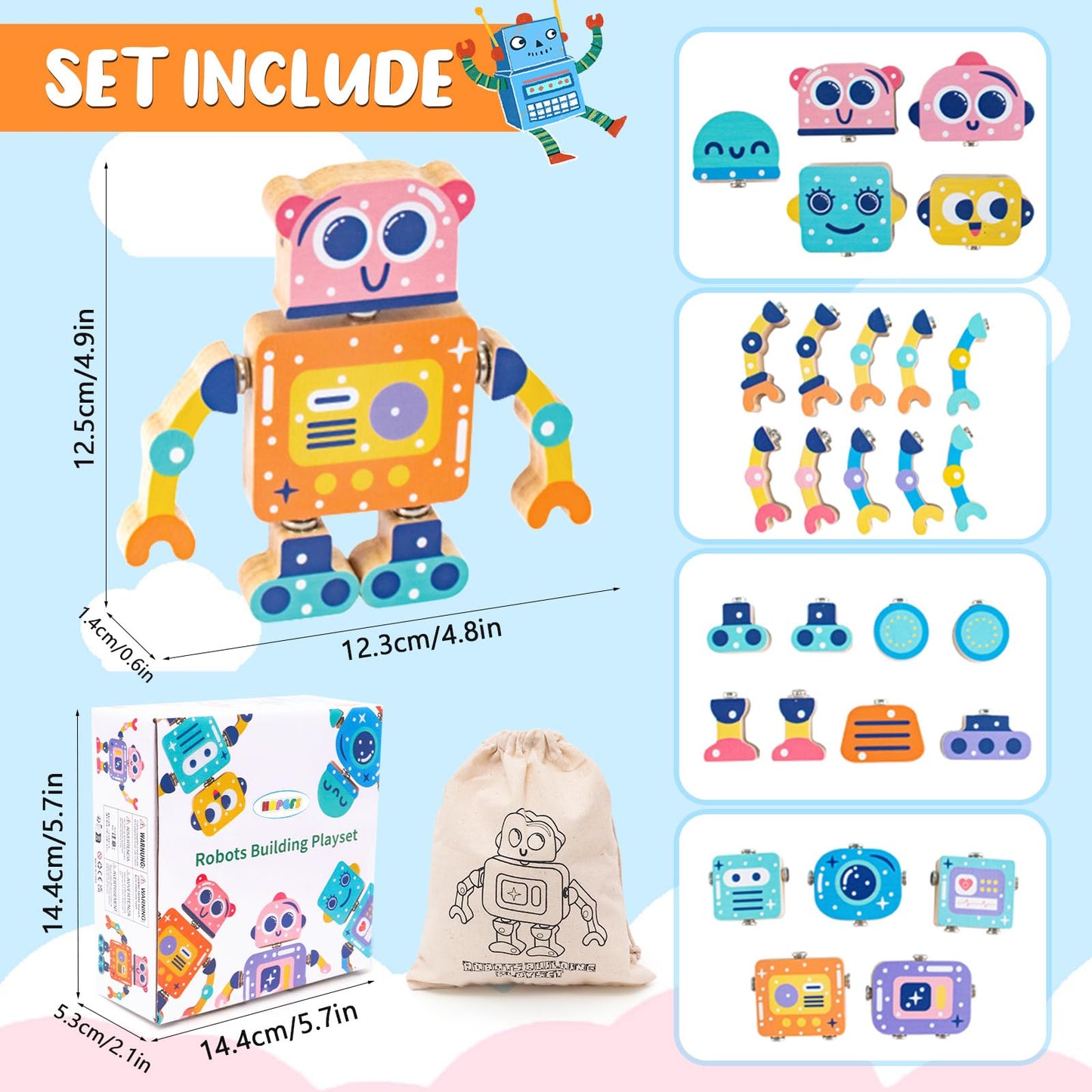 HAPGFS Wooden Robot Building Blocks Set - STEM Toys for Toddlers, 28 Pcs Montessori Fine Motor Skills Playset, Medium Size