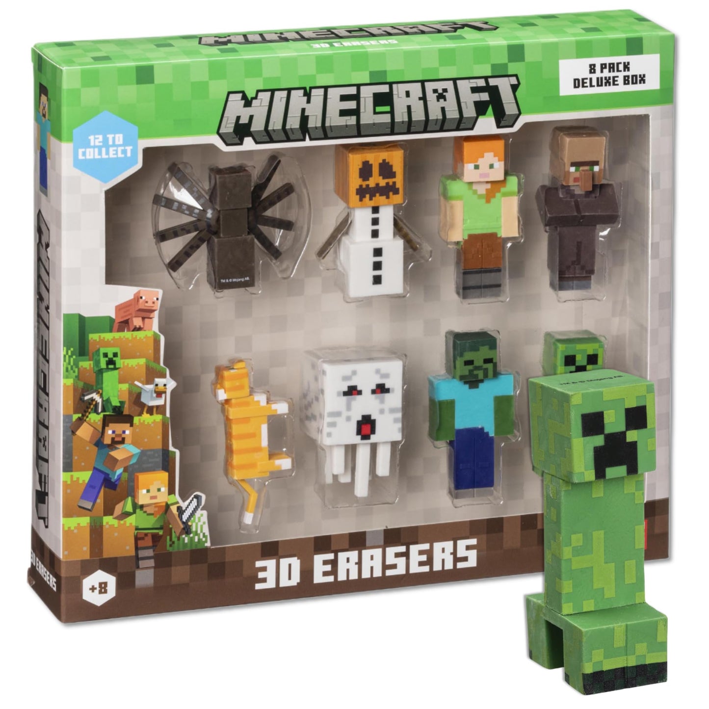 Mine Craft 3D Erasers, 8-Pack Deluxe Collector Set, 12 Iconic Characters to Collect, Own The Entire Series (- Steve - Creeper - 
