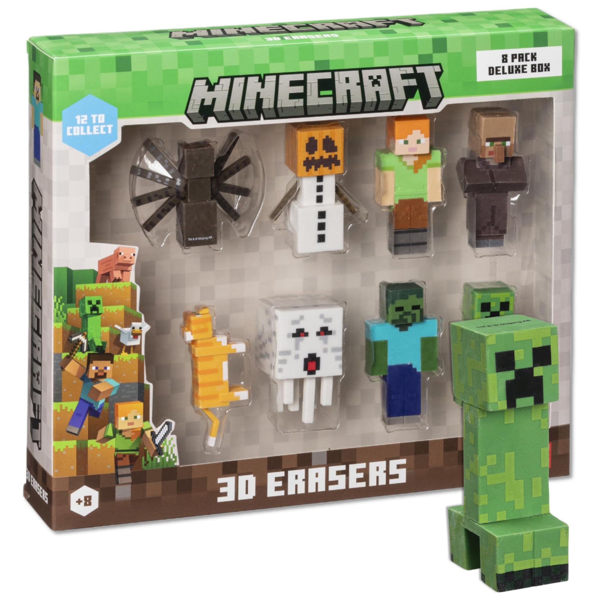 Mine Craft 3D Erasers, 8-Pack Deluxe Collector Set, 12 Iconic Characters to Collect, Own The Entire Series (- Steve - Creeper - 