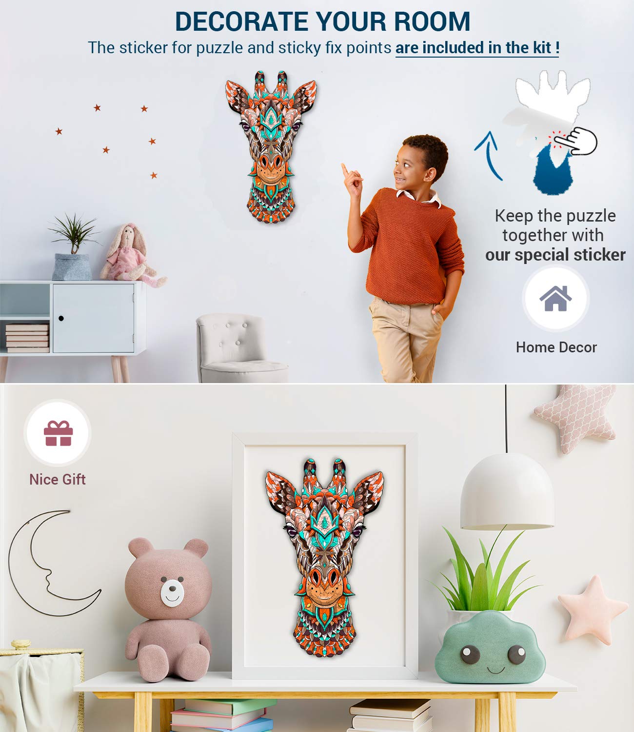 Hodslen Woods - Animal Wooden Jigsaw Puzzles for Kids (12+ Years) mature-themed  Teens  Family; Animal Majestic Shaped Natural Wood Puzzle  Expert Level  9x15.3 in. (23x39 cm)  130 pcs  L - Size - Giraffe
