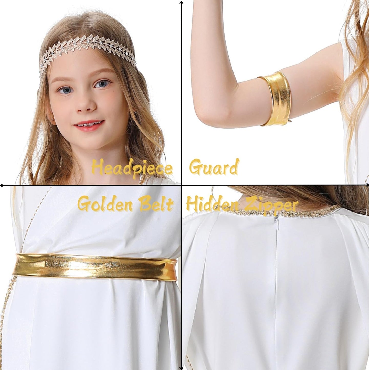 Lmyove Greek Goddess Costume Girls, White Goddess Dress With Gold Leaf Headband, Toga Costume 4 Pcs, Halloween Rome Princess Out