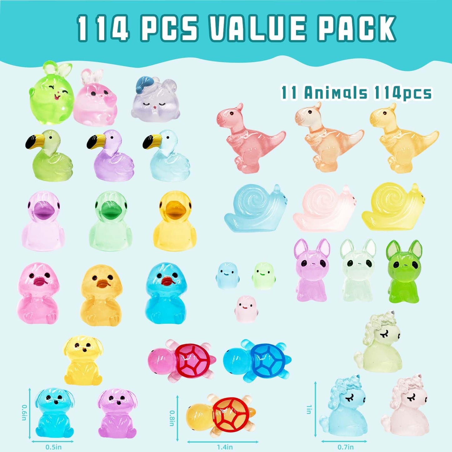 Haptime 113Pcs Luminous Mini Resin Animals Glass Animals Figures To Hide Trinkets Miniature Figurines Glow In Dark Mini Ducks Di