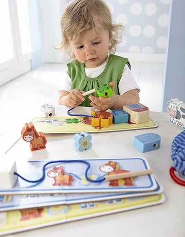 Haba On The Farm Threading Game With 10 Chunky Wooden Lacing Figures & 4 Templates (Made In Germany)