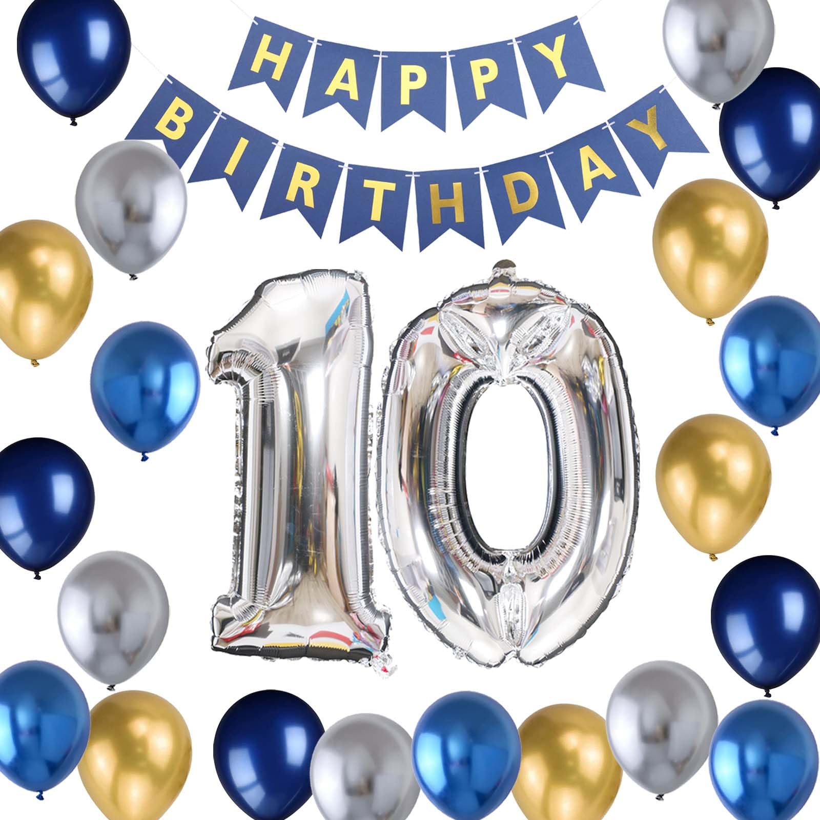 10Th Birthday Party Decoration For Boys, Birthday Banner Number 10 Birthday Balloons Metallic Silver Blue Gold Latex Balloon For