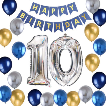 10Th Birthday Party Decoration For Boys, Birthday Banner Number 10 Birthday Balloons Metallic Silver Blue Gold Latex Balloon For