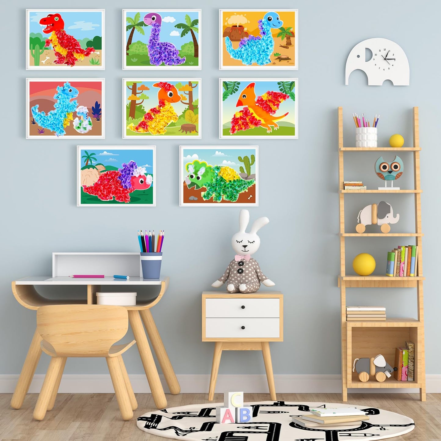 Lonfliness 8PCS Dinosaur Theme Art Kit, No-Mess Sewing Puzzle, 7.9x5.9 inches, Colorful Foam & Fabric, Model LF0870