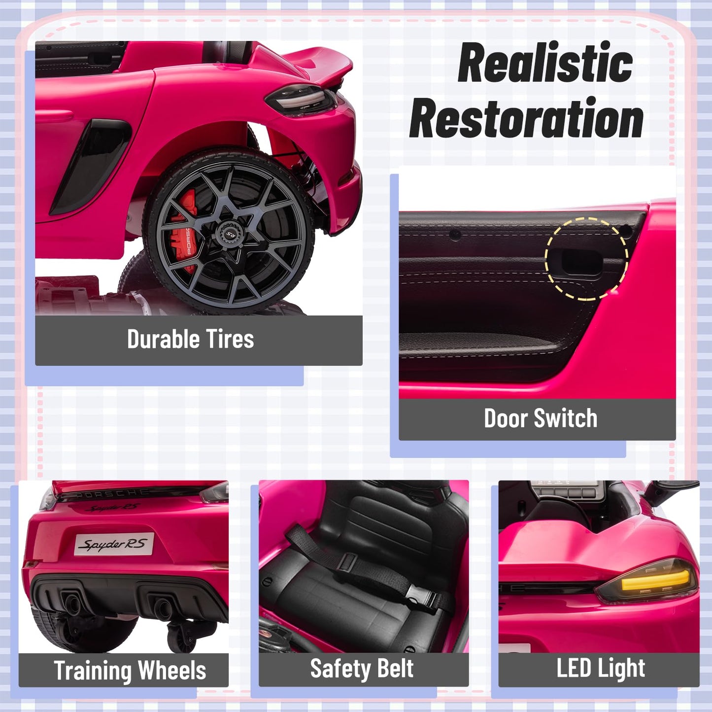 12V Ride On Car Licensed Porsche 718, Kids Electric Car With Remote Control, Front/Rear Led Light, Radio, Usb/Aux, Openable Door