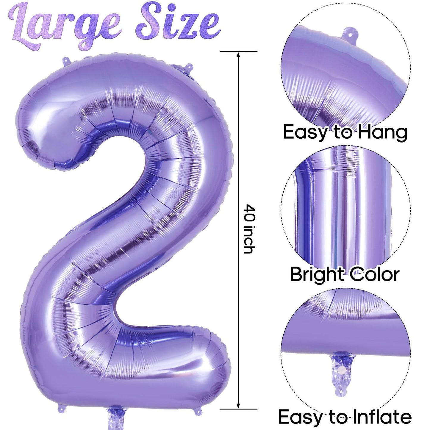 Purple Number 2 Balloon 40 Inch, Big Large Foil Helium Number Balloons, Giant Mylar Number 2 Balloons For 2 Year Old Birthday An