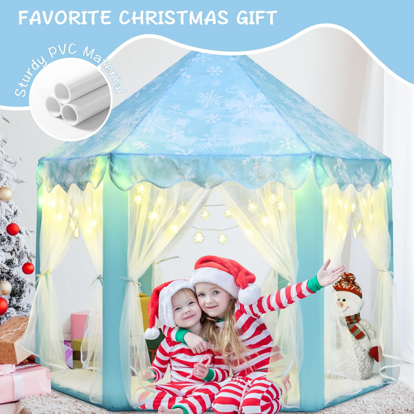 Kixinwa Frozen Princess Tent For Girls, Kids Play Tent With Led Small Snowflake Lights, Castle Playhouse Tent For Children Toddl