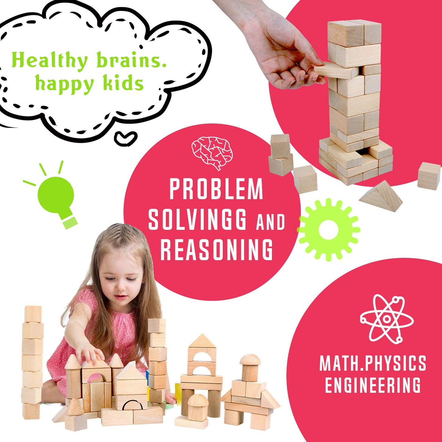 Wooden Building Blocks Set For Kids - Stacker Stacking Game Construction Toys Set Preschool Colorful Learning Educational Toys - Geometry Wooden Blocks For 3+ Year Old Boys & Girls