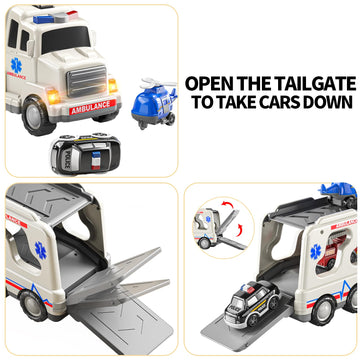 Temi 5 Pack Ambulance Vehicle Toddler Truck Toys For 3 4 5 6 Year Old Boys, Friction Powered Cars With Toy Helicopter, Police Car, Fire Truck, Ambulance Car, Birthday Gifts For Girls Age 3-9