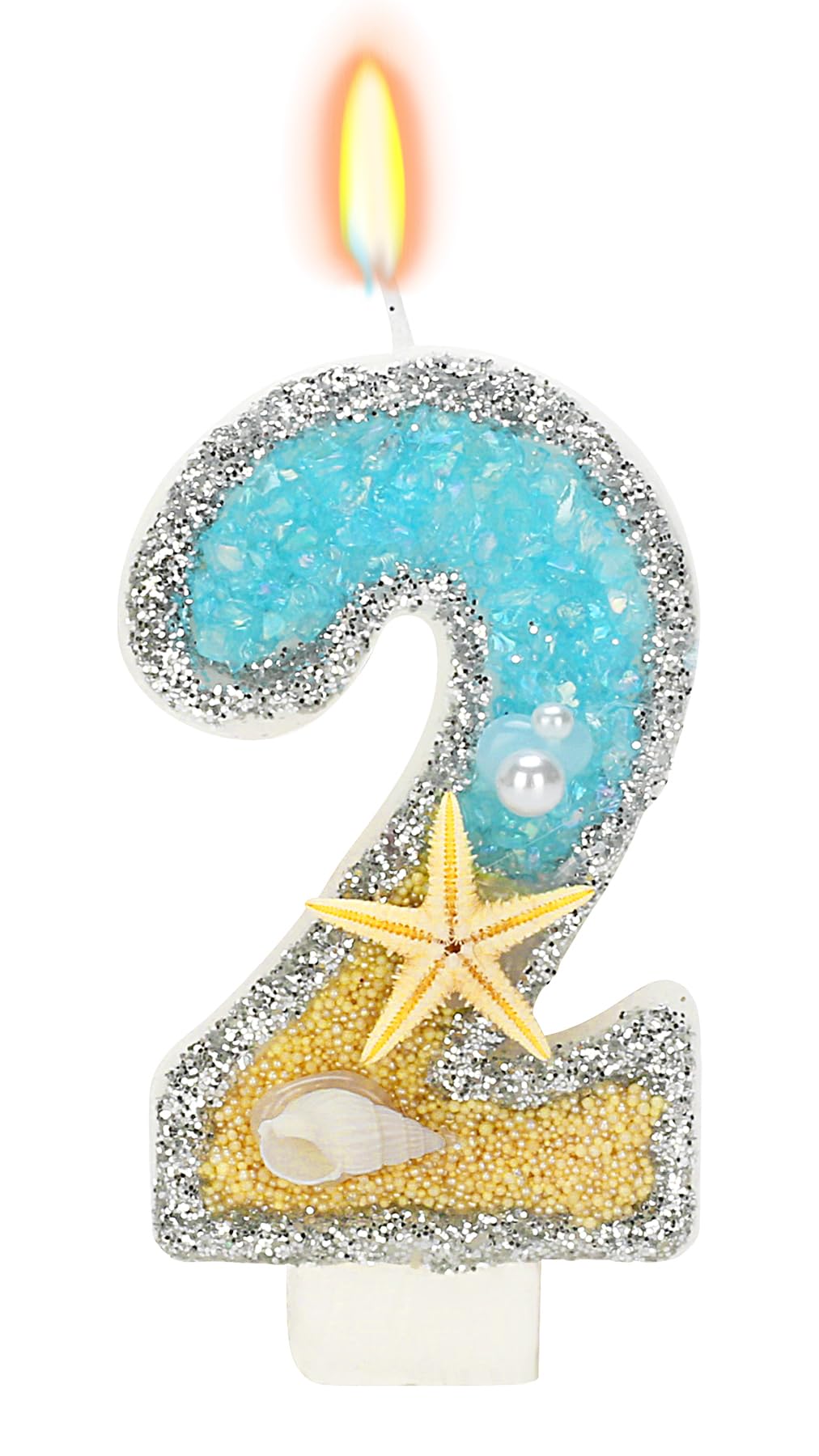 ElekFX 2nd Birthday Candle for Cake, Beach Starfish Sequins Number Cake Candles, 2.76 inch Number 2 Birthday Decorations, Cake T