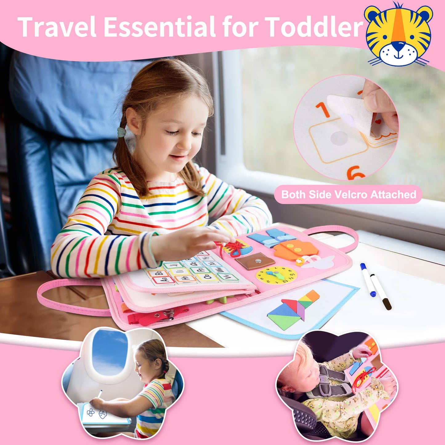 Busy Board Montessori Toys For 1 2 3 4 Year Old Toddlers Sensory Activity Busy Book For Fine Motor Skills, Airplane Car Travel E
