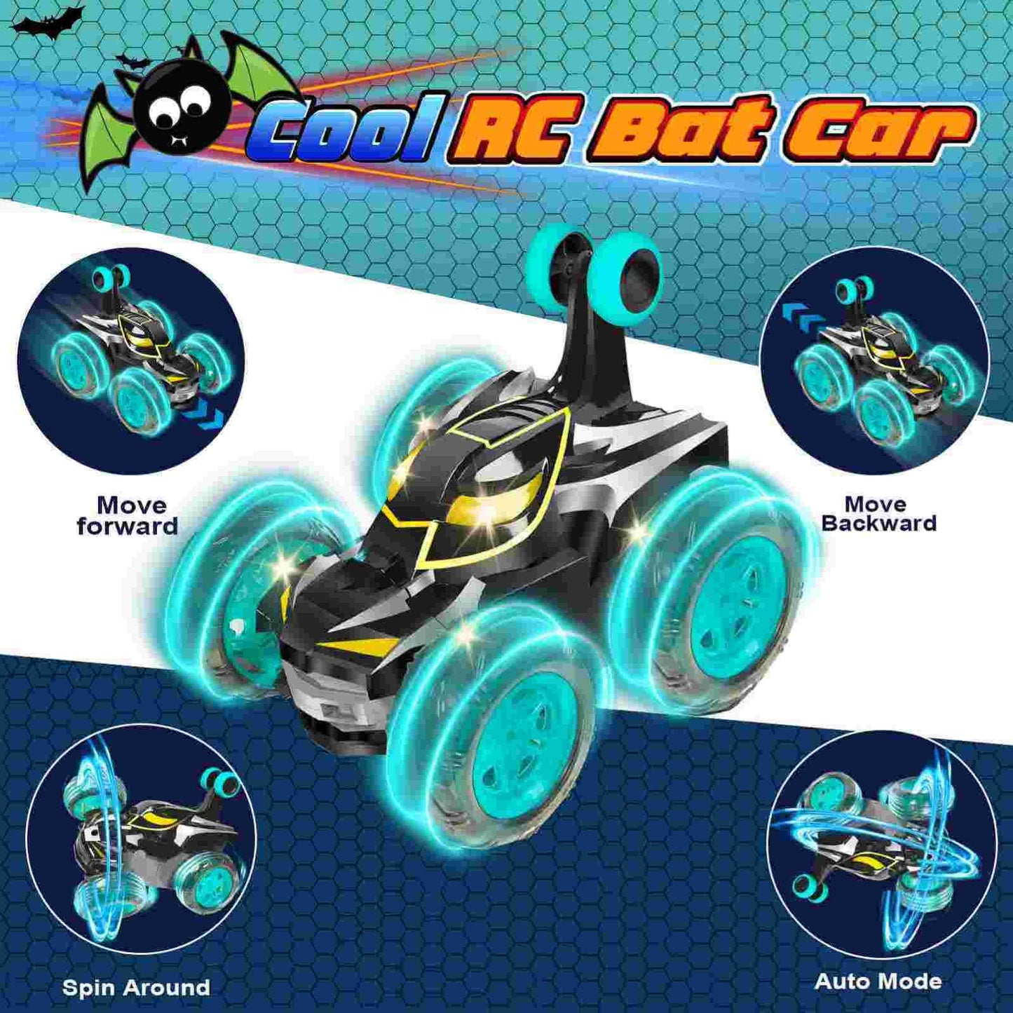 Kids Toys Bat Rc Car For Boys 4-7 - Cool Bat Monster Remote Control Crawler Toy 360 Flip Fast Stunt & 4Wd Light Up Wheel - Fun B