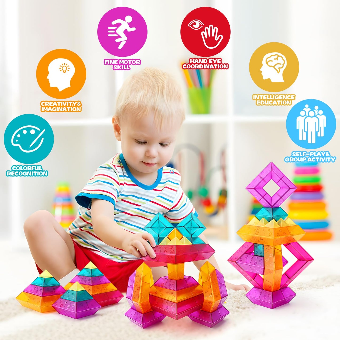 Building Block Sets For Toddlers 2 3 4 5 6 Year Old | 30 Pcs Pyramid Stacking Blocks Toys For Boys Girls | Stem Preschool Educat