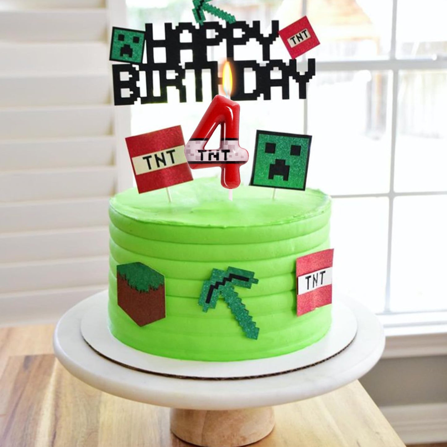 TNT Themed Birthday Candles for Boys Girls, Craft Pixels Cake Topper, Kids Themed Birthday Party Supplies (Number 4-Red)