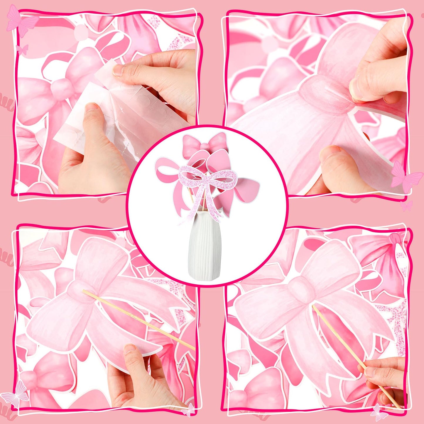 Cinnvoice 30 Pcs Bow Party Decorations Coquette Bow Table Toppers Birthday Table Decor Coquette Party Centerpieces Sticks for Bi