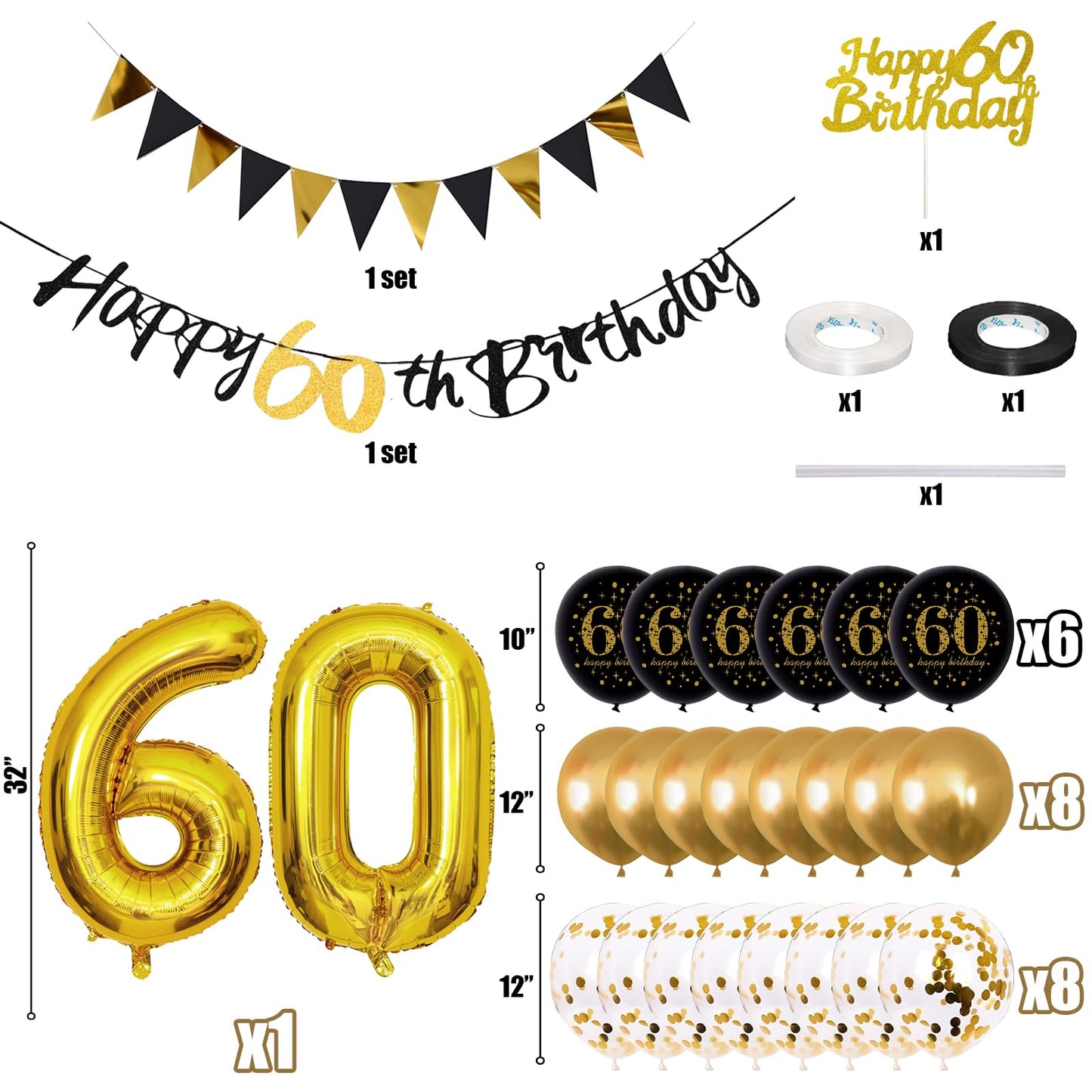 Jobkoo 60Th Birthday Decorations, Black Gold 60Th Birthday Party Decoration For Men Women Golden Black Birthday Balloons 60Th Ca