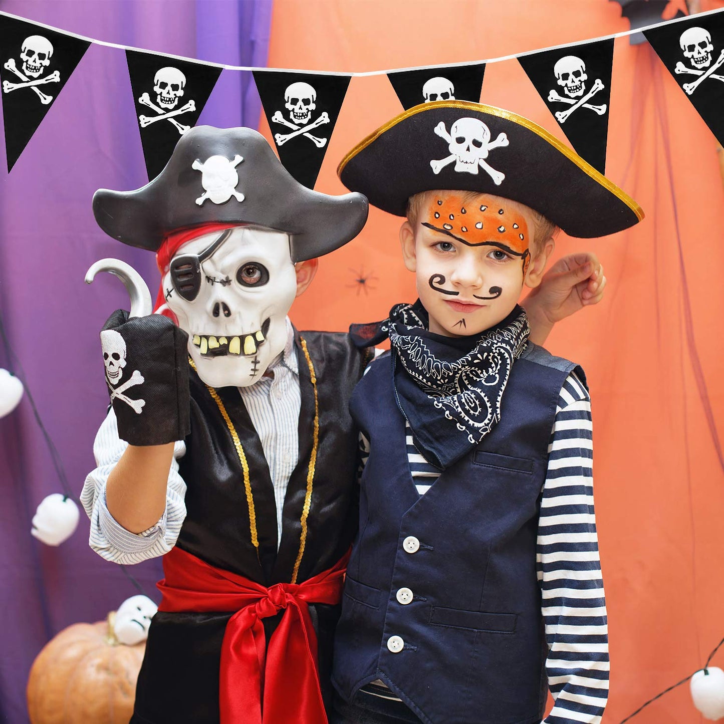 Tatuo 60 Pcs Pirate Banner Skull Halloween Pirate Flag Birthday Party Decorations Jolly Roger Ship Triangle Pennant Bunting Deco