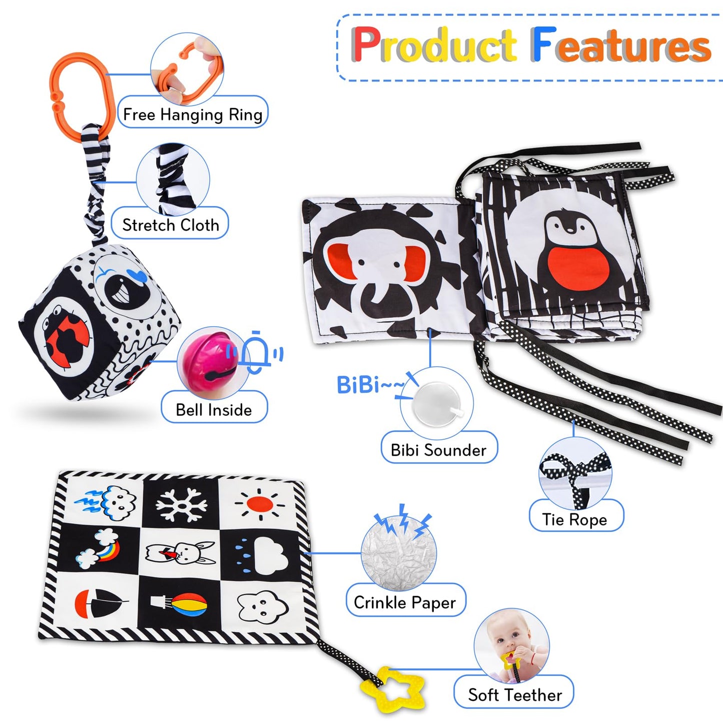 Sammas 3 Pcs Black And White High Contrast Baby Toys 0-6 Months For Newborn, Babies Sensory Soft Book For Early Education, Infant Tummy Time Cloth Book Toys, Montessori Toys For Babies