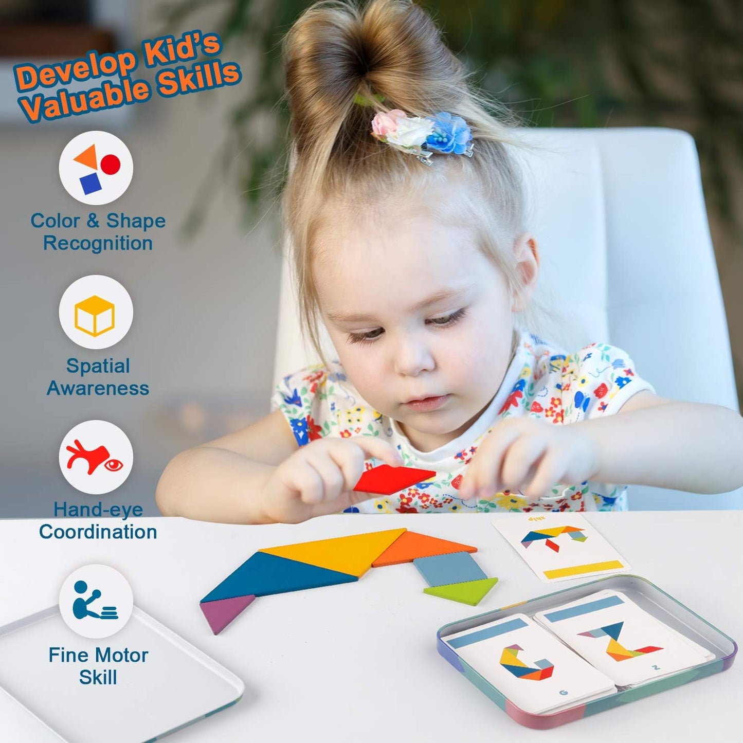 Vanmor Wooden Tangrams Set - Educational Shape Card Puzzles for Kids 4-8, Travel Games, Model VM-WT002-CA, Perfect for Road Trips