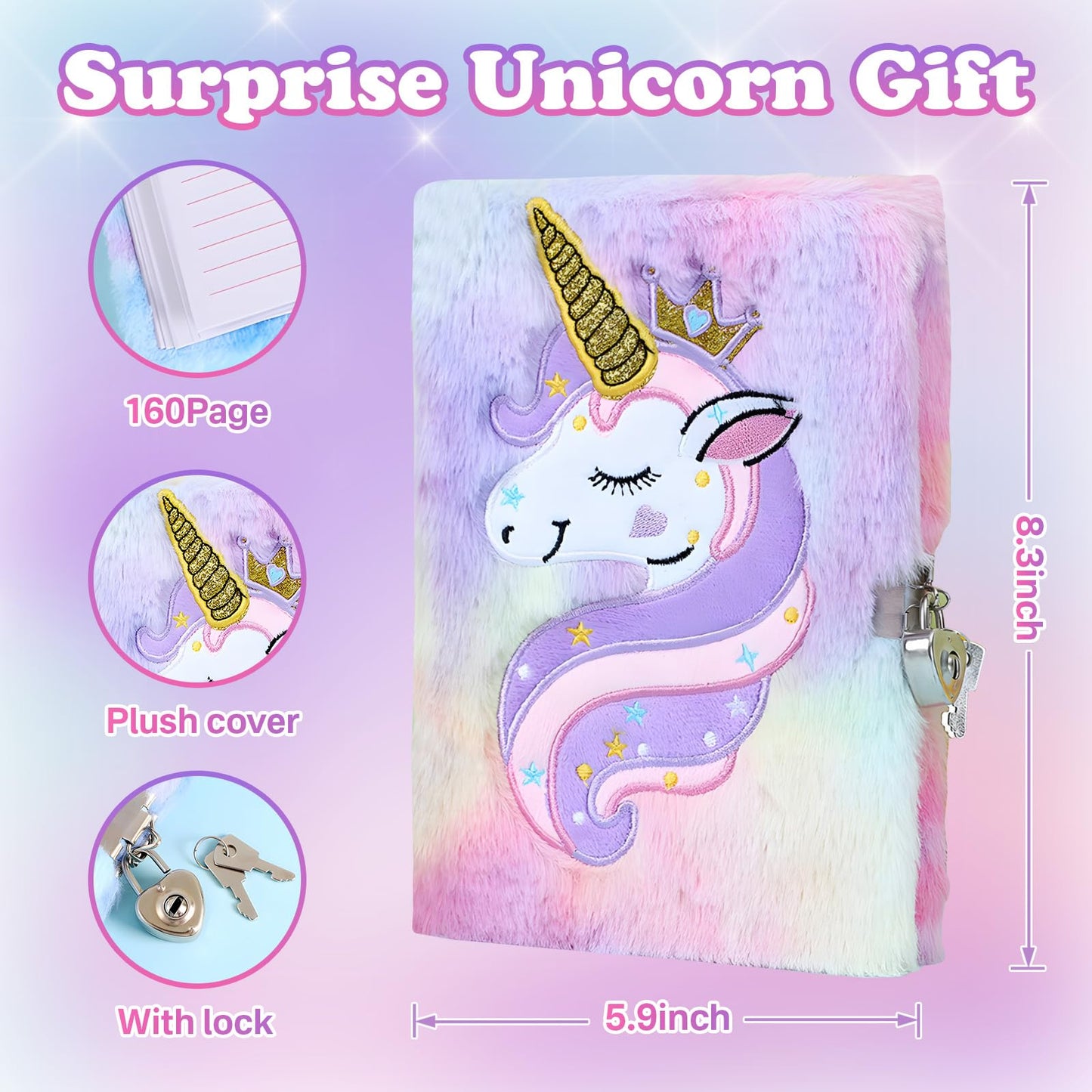 64pcs Unicorn Gifts Toys for Girls Kids Toys 5 6 7 8 9 10+ Years Old Halloween Thanksgiving Christmas Birthday Gifts Box with Star Light Up Pillow Stuffed Diary with Lock Headband Water Bottle sticker
