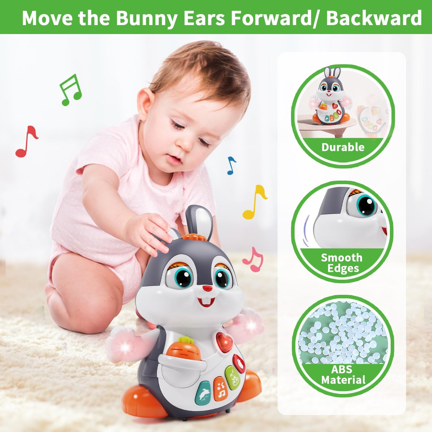 Wanonoo Baby Musical Bunny Toy Dancing Crawling Tummy Time Toys, Light Up Infant Toys 0-3-6 6-12 12-18 Months Birthday Gifts For