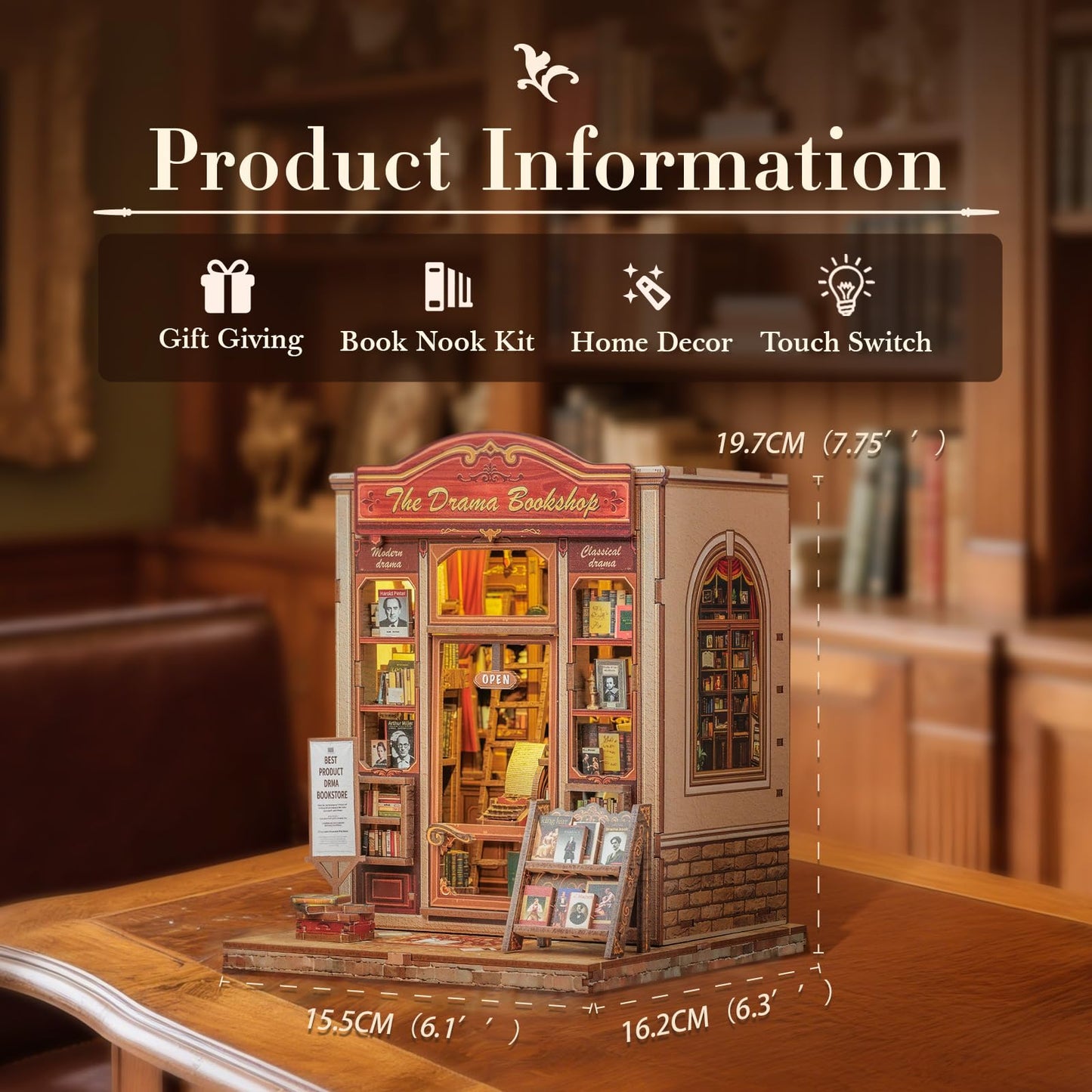 Fsolis Book Nook Kit  DIY Miniature Scene Kit for mature-themeds and Beginners 3D Wood Puzzles Tiny House Room Kit Mini Craft Bookshelf Decor Gifts for Women Teenagers Book Lovers (The Drama Bookshop)