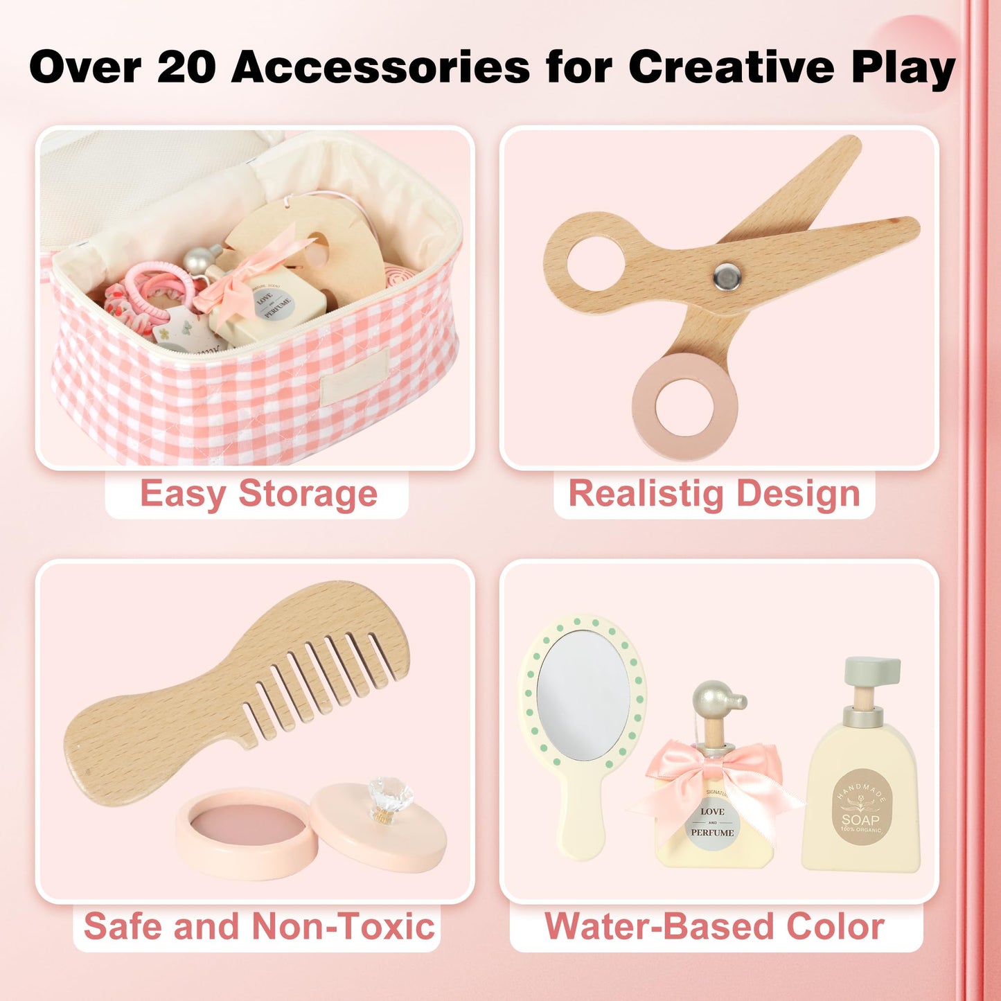 Pithfor Wooden Makeup Toy Set, Pretend Play Makeup Set for Kids Toddlers, Play Beauty Makeup Kit for Girls 3 4 5 6 7 Year Old