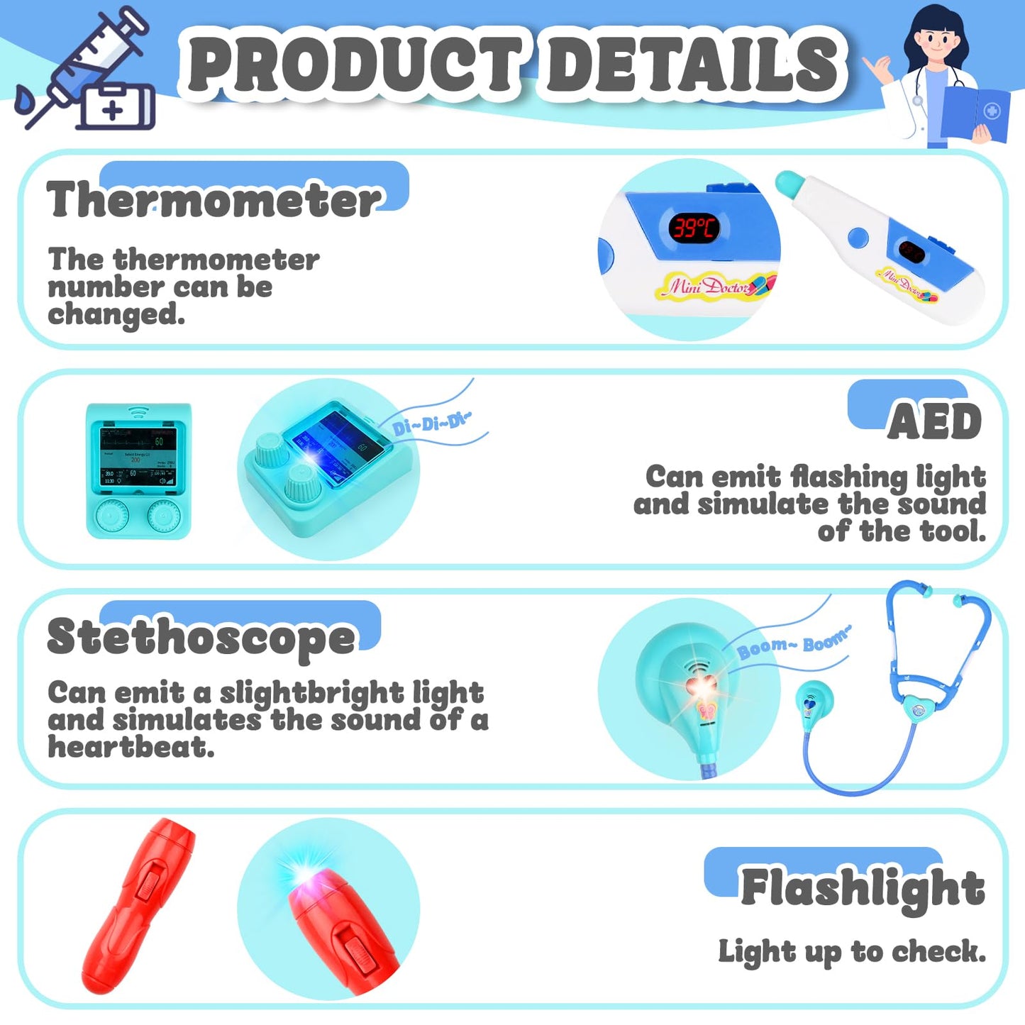deAO Doctor Cart Kit for Kids Toy Pretend Playset with Doctor Costume Stethoscope and Medical Instruments Role Play Mobile Medic