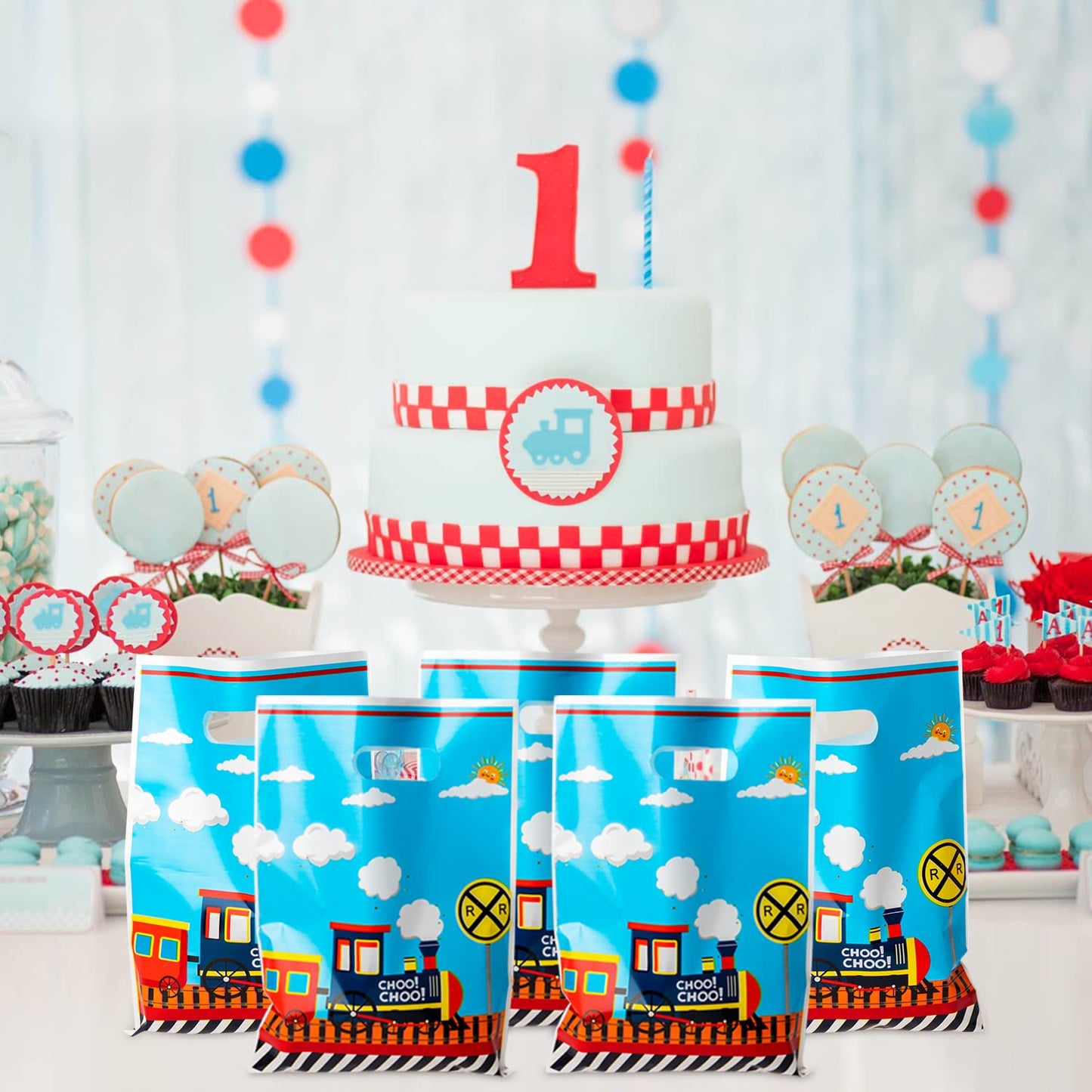 3Sscha 50Pcs Train Party Favor Bag Transportation Themed Waterproof Goodie Bag With Die Cut Handles Railway Traffic Glossy Plastic Candy Gift Bags For Kids Birthday Baby Shower Decoration Supplies