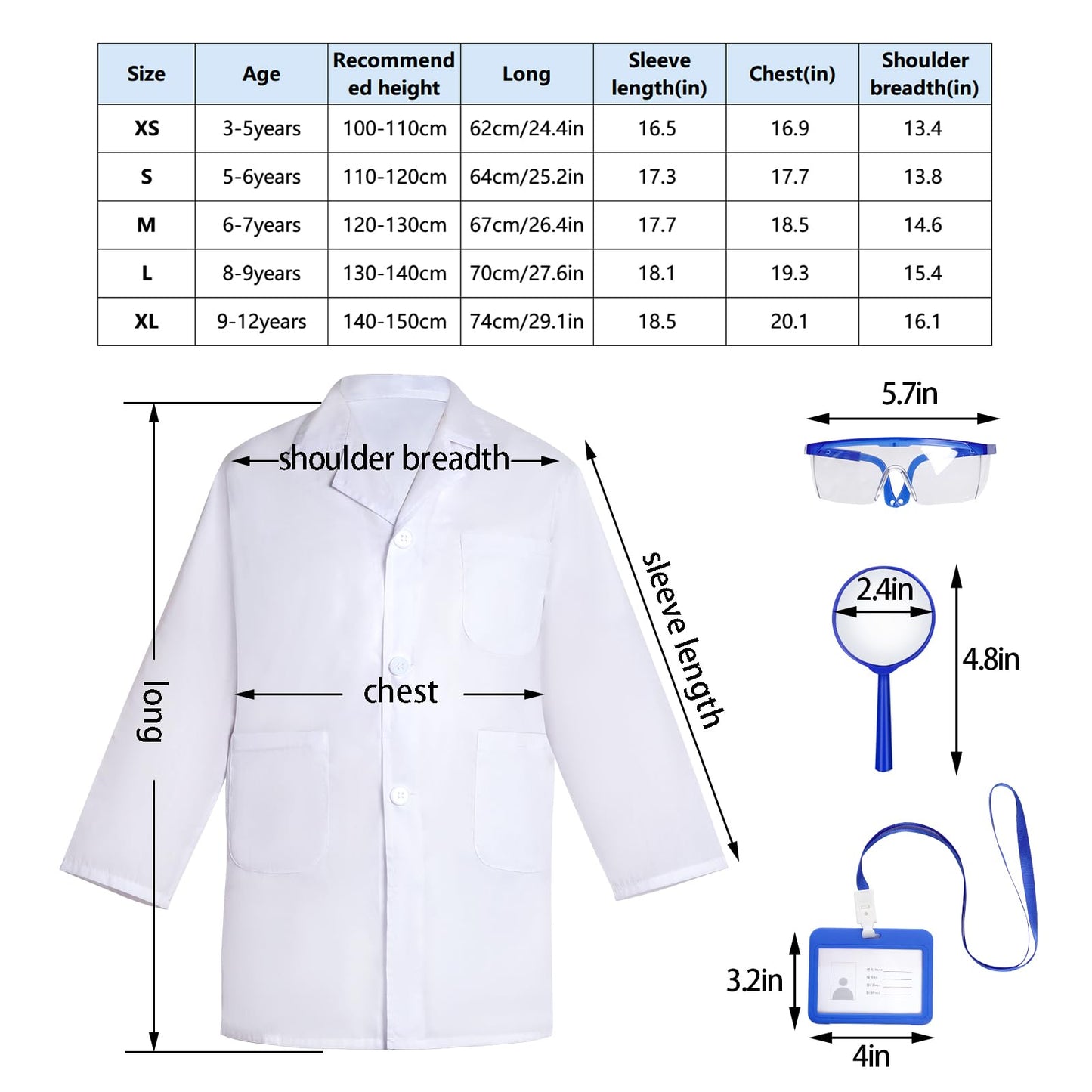 Mifengda Doctor Scientist Costume Kids Lab Coat And Goggles Children Dress Up Kit With Id Card Magnifying Glass For Halloween(Blue, Large)