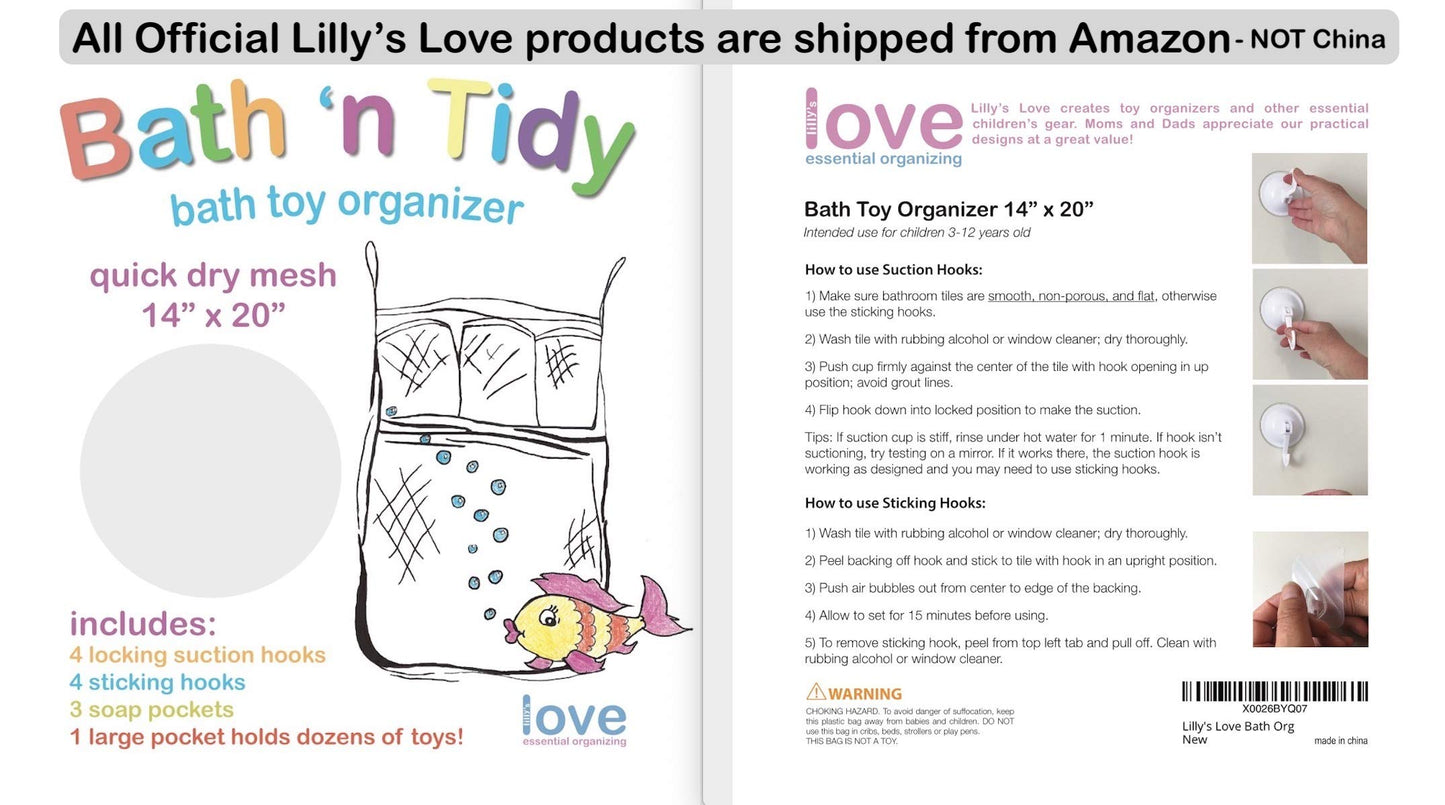 Lilly'S Love Bath Toy Storage - Large 14 X 20 Inch Bathtub Toy Holder + 2 Locking Hooks, Quick Dry & Easy For Kids To Put Bath Toys Away