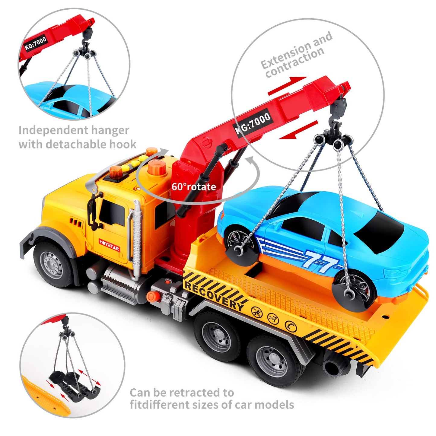 Dwi Dowellin Kids Toys for 3 4 5 6 7 Years Old Boys, 15'' Large Tow Truck Toy,Friction Powered Transport Truck Crane Toy with Li