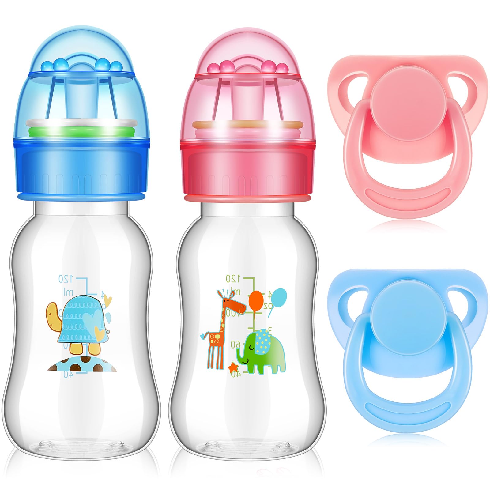 Jexine 4 Pieces Reborn Baby Doll Accessories, Includes 2 Magnetic Pacifier And 2 Baby Doll Bottles Baby Doll Pacifier Feeding Bottle For Reborn Dolls, Random Pattern, Pink And Blue (Classic)