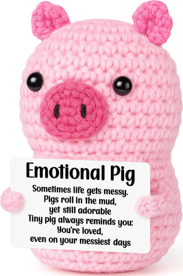Positive Crochet Pink Pig Christmas Birthday Gifts for Women, Handmade Emotional Inspirational Pig with Affirmation Cards for Wo