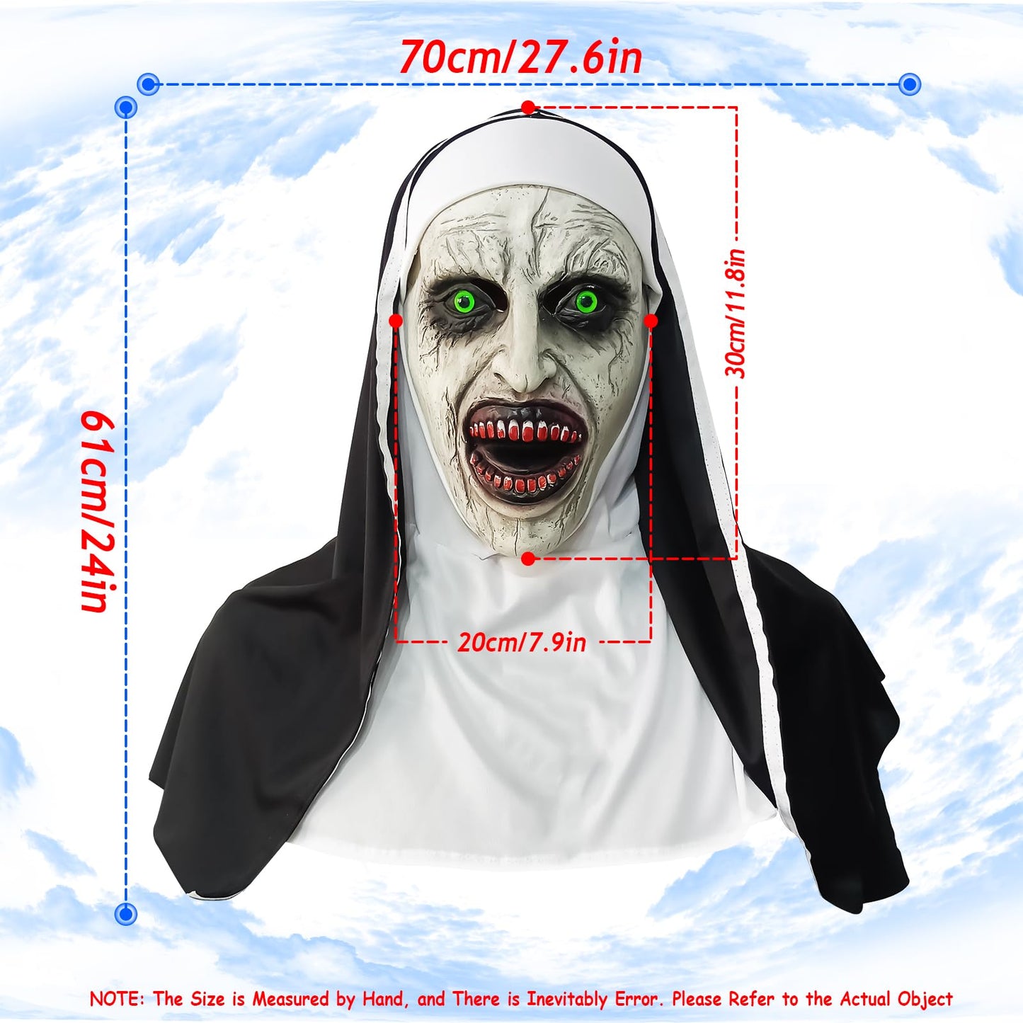 lewexiison 2024 Nun Scary Mask,Halloween Party Scary Full Head Costume Mask with cross necklace,Blood mouth