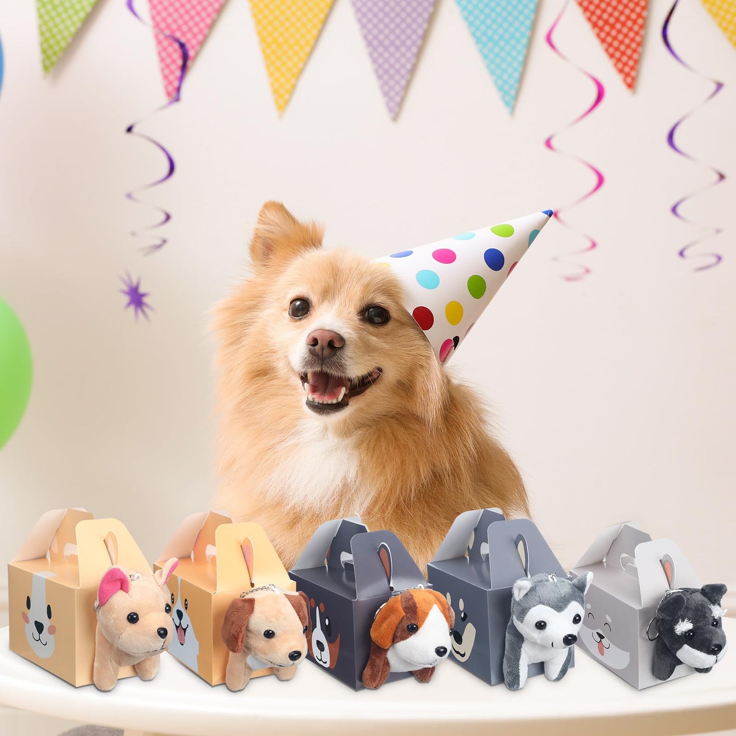 Fainne 12 Pcs Dog Party Favors Boxes with 12 Pcs Mini Plush Dog Set Adopt a Puppy Party Favors Treat Boxes Foldable Gift Puppy T