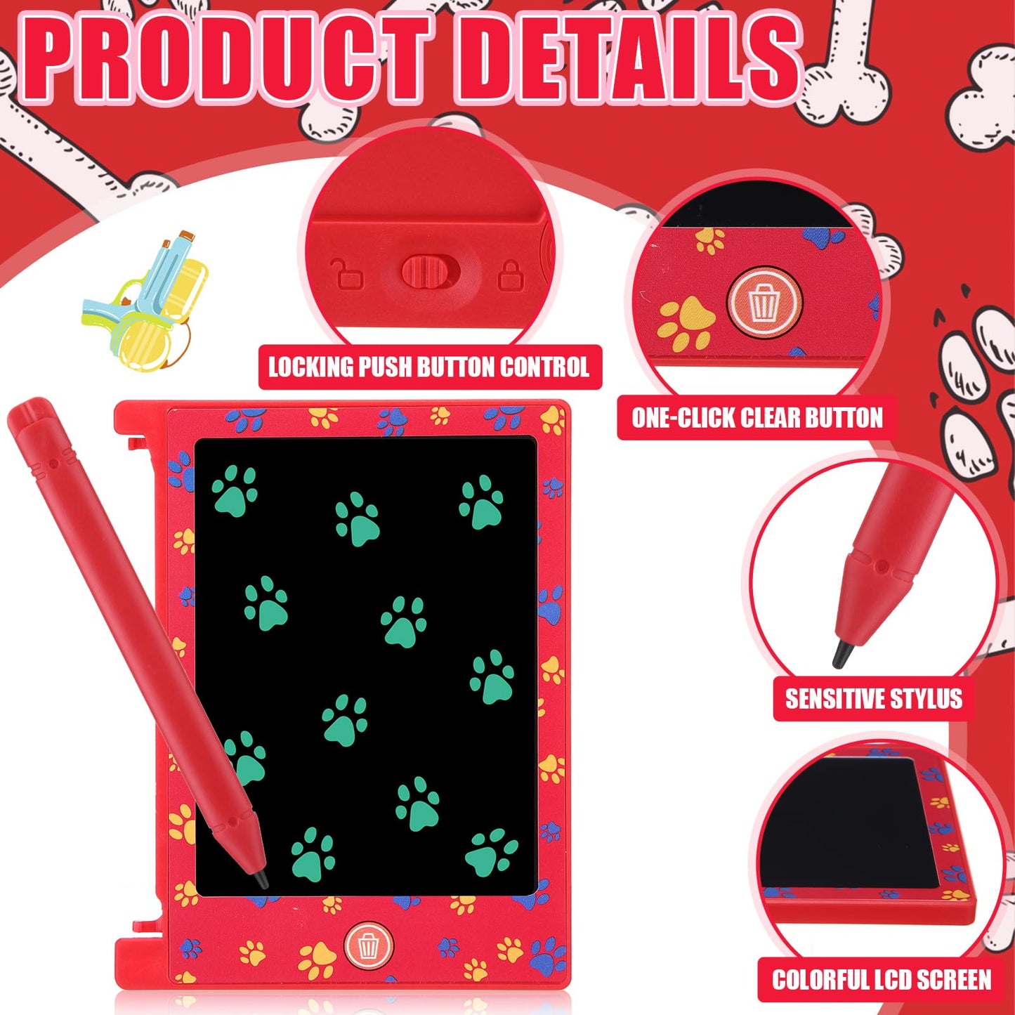 Nezyo 12 Pack Dog Paw Party Favors, 4.6 Red Pattern Kids LCD Writing Tablet Mini Drawing Tablet, Dog Paw Birthday Party Suppli