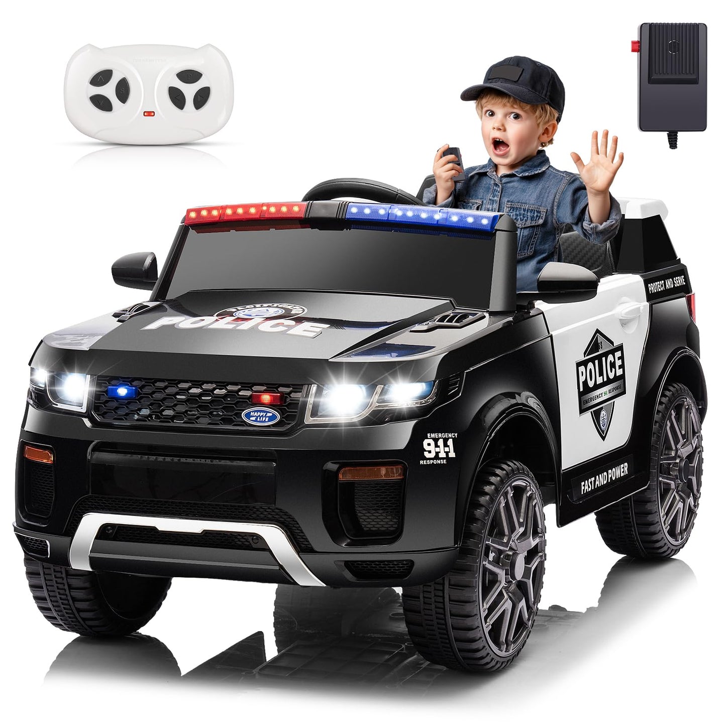 Hikole 12V Ride On Police Car For Kids 4-8, 12V Electric Car For Kids With Remote Control, 2 * 30W Motor, Music, Alarm Lights, M