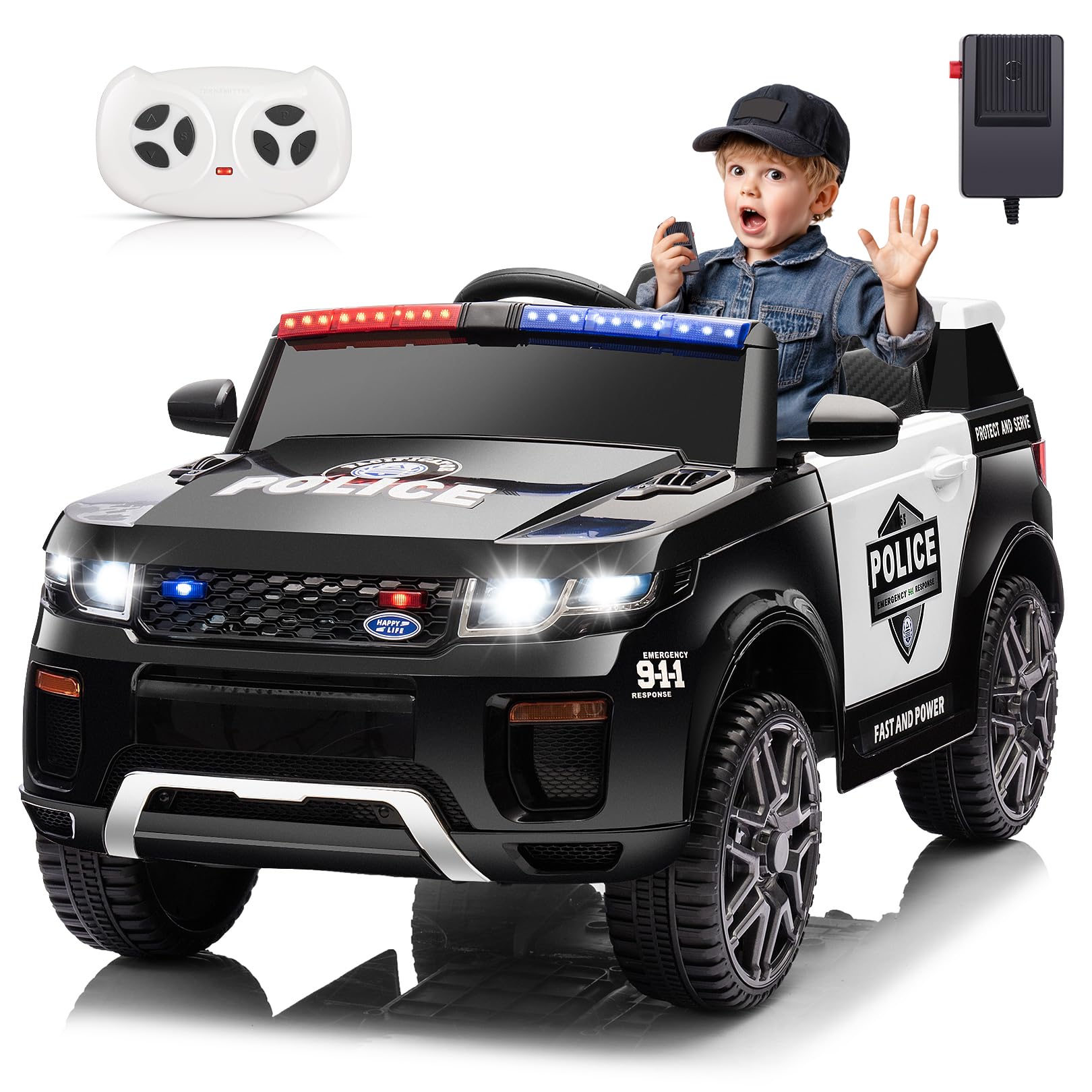 Hikole 12V Ride On Police Car For Kids 4-8, 12V Electric Car For Kids With Remote Control, 2 * 30W Motor, Music, Alarm Lights, M