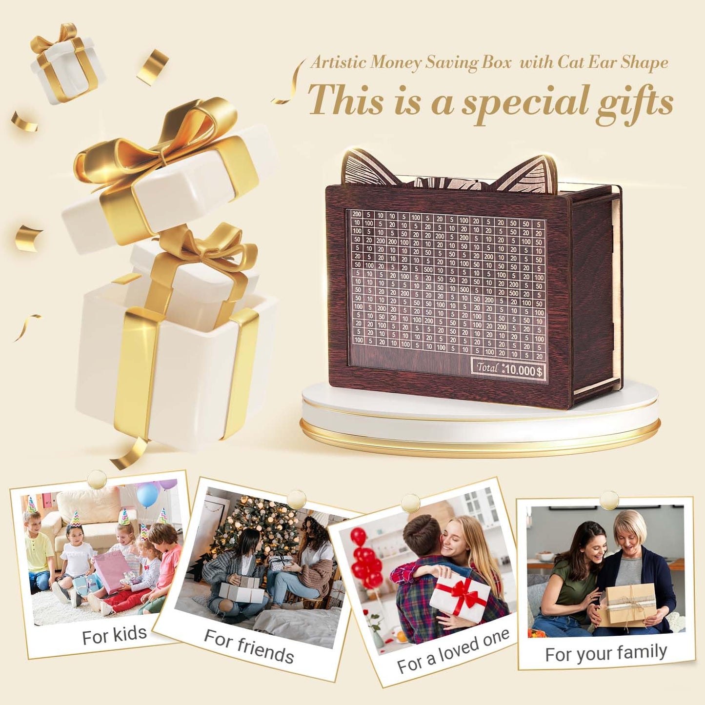 Upgraded Money Saving Box, 10000 Wooden Piggy Bank For Kids, Coin Cash Box Gifts Toys For Ages 8-13, Reusable Kakaibo Money Savi