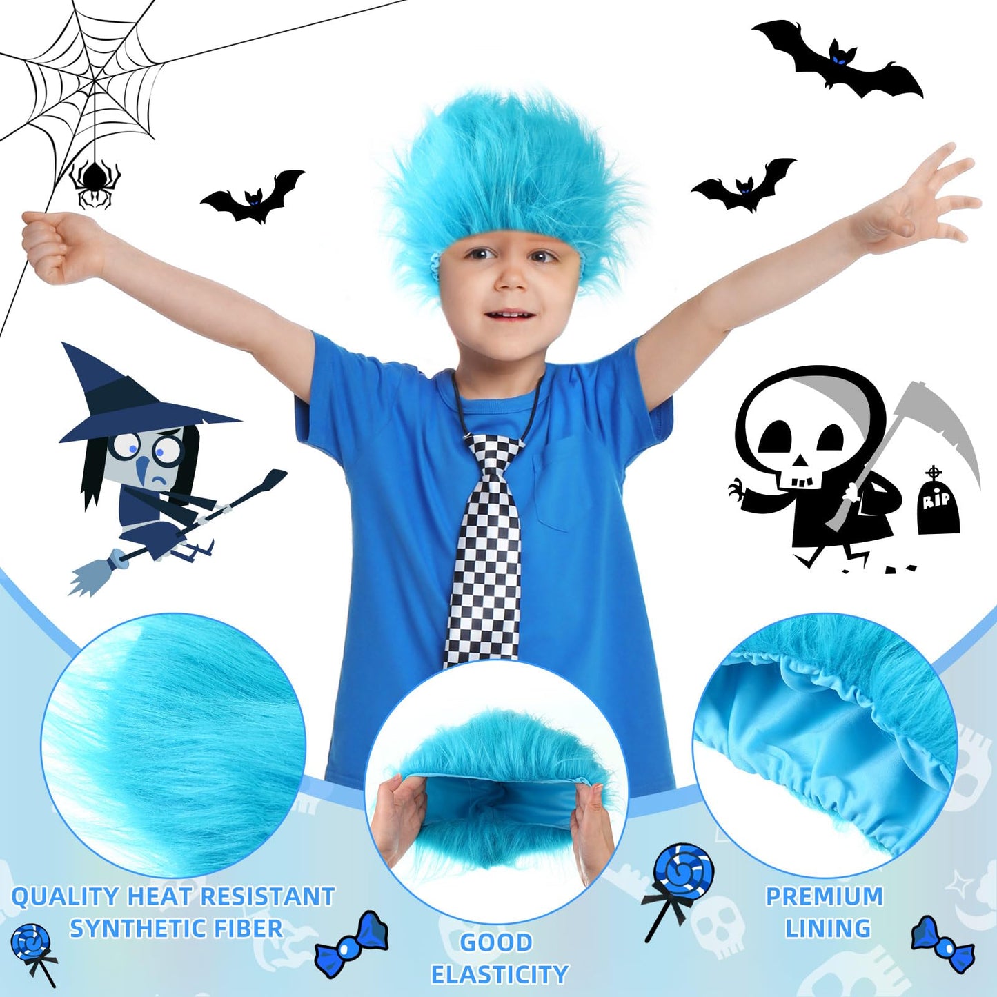 Xunyee 4 Pieces Blue Fuzzy Wig Funky Clown Crazy Hair Wig Character Cosplay Costume Accessories For Kids Teens 100Th Day Of Scho