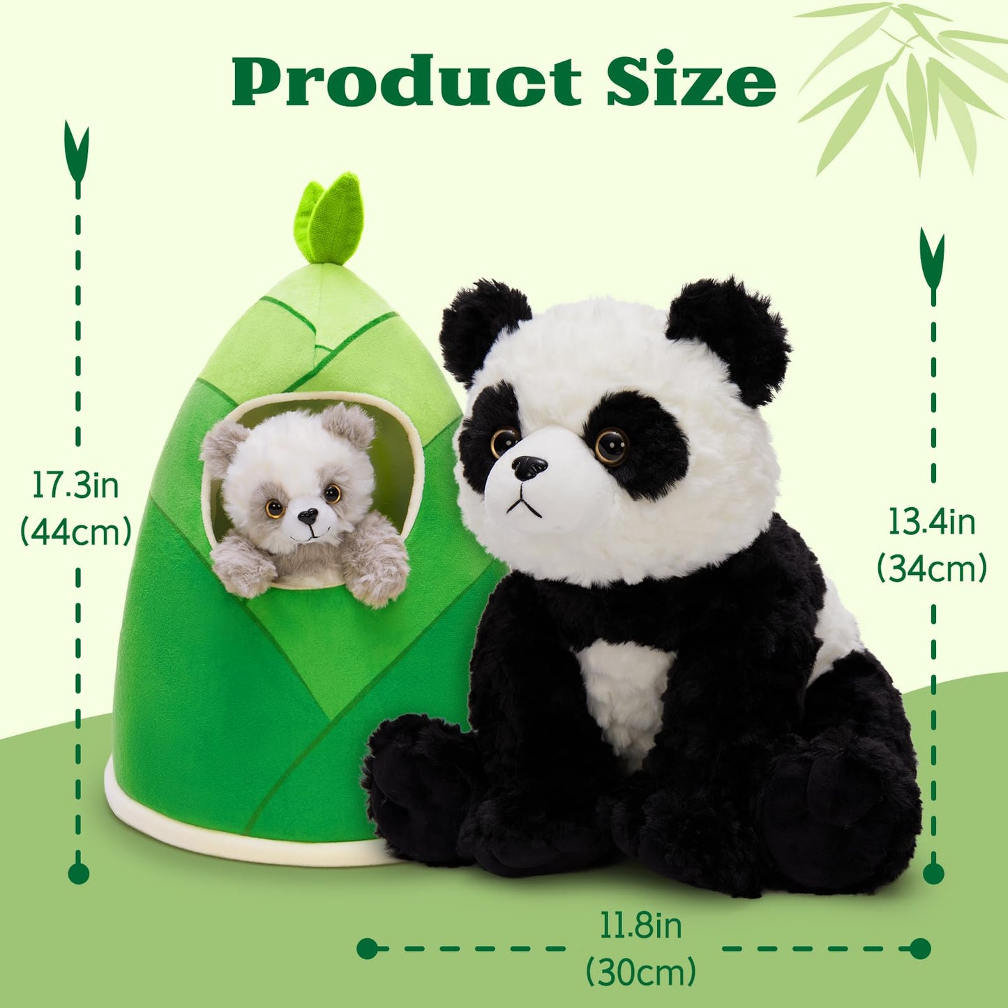 Tezituor Panda Stuffed Animal Set - 5-in-1 Plush Toy with Bamboo Hut, 10.6" White Polyester, Realistic Big Panda & 3 Babies
