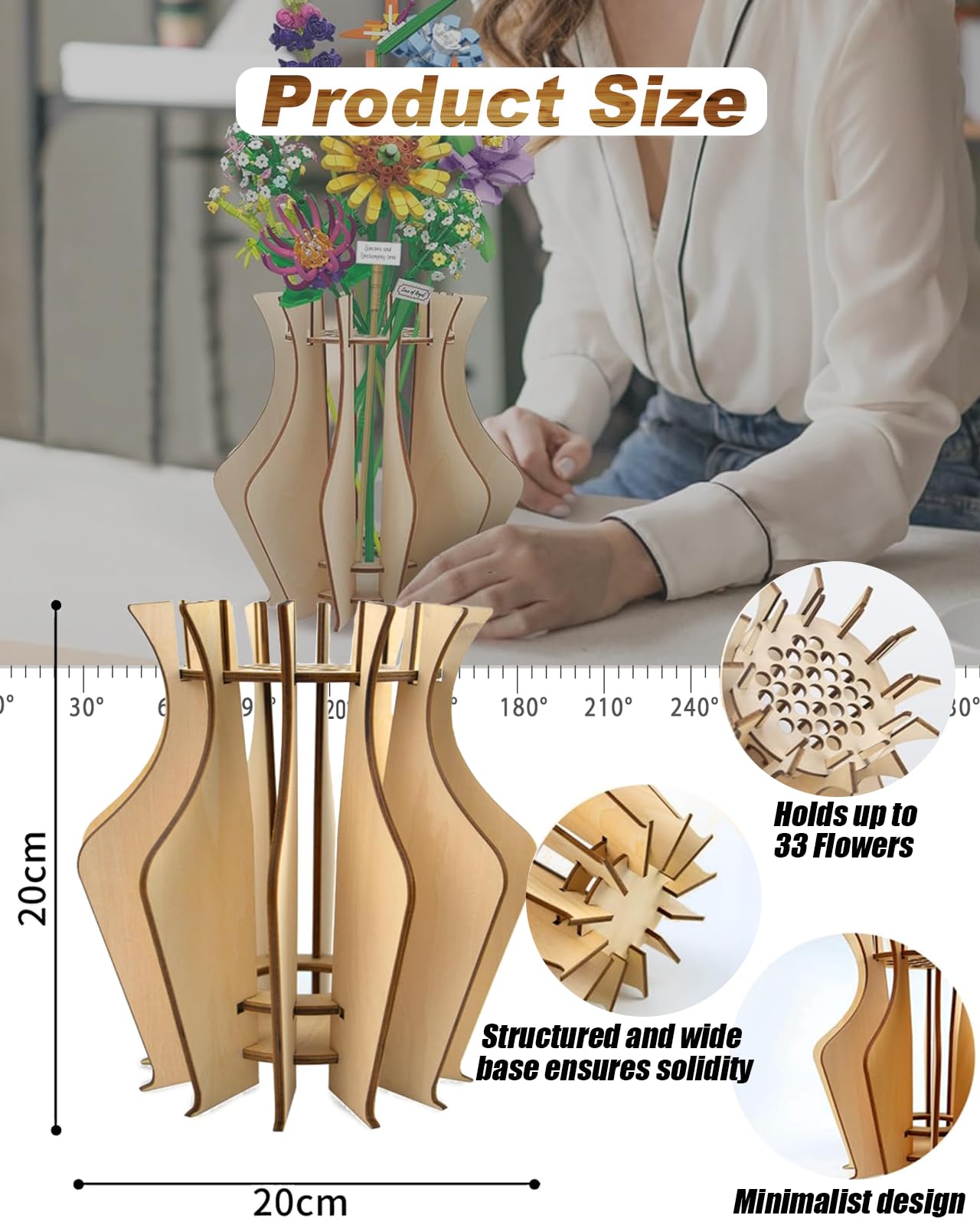 Wooden Vase For Lego Flowers, Vase Building Set For Roses, Wooden Puzzle Flower Vase For Lego Flower Bouquet Building Set, Displ