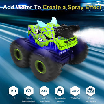 Onadrive Remote Control Dinosaur Car Toys for Kid Boys, 2.4GHz RC Monster Truck Toys with Spray, Light, Sound, All Terrain Recha